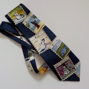 American Greetings Blue Silk Neck Tie Christmas Stamps Travel Xmas Snow Handmade